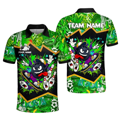 Custom Funny Ball Pin Bowling Mens Polo Shirts Black And Blue, Custom Funny Bowling Team Shirts BZ1107