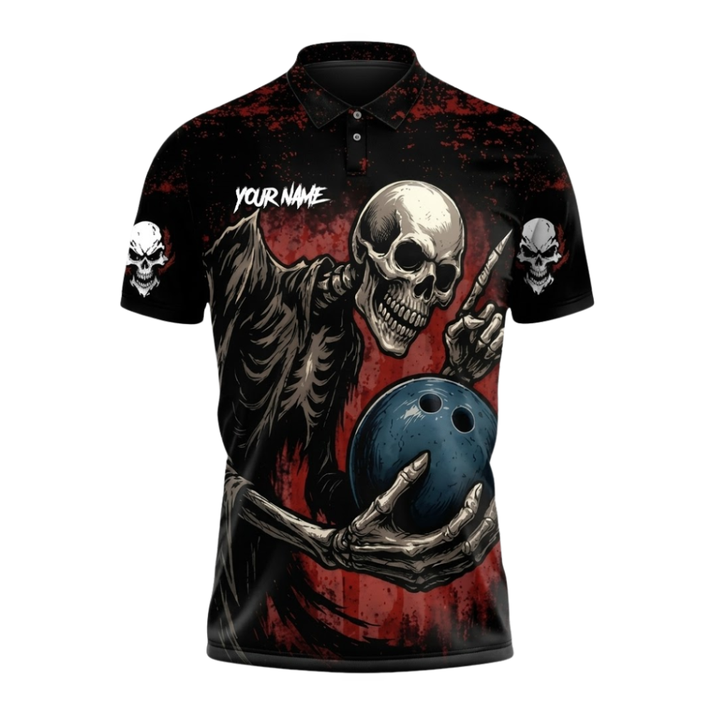 Custom Grim Reaper Skeleton Bowling Polo Shirts For Men, Custom Skull Team Bowling Shirts BZ1073