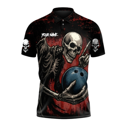 Custom Grim Reaper Skeleton Bowling Polo Shirts For Men, Custom Skull Team Bowling Shirts BZ1073