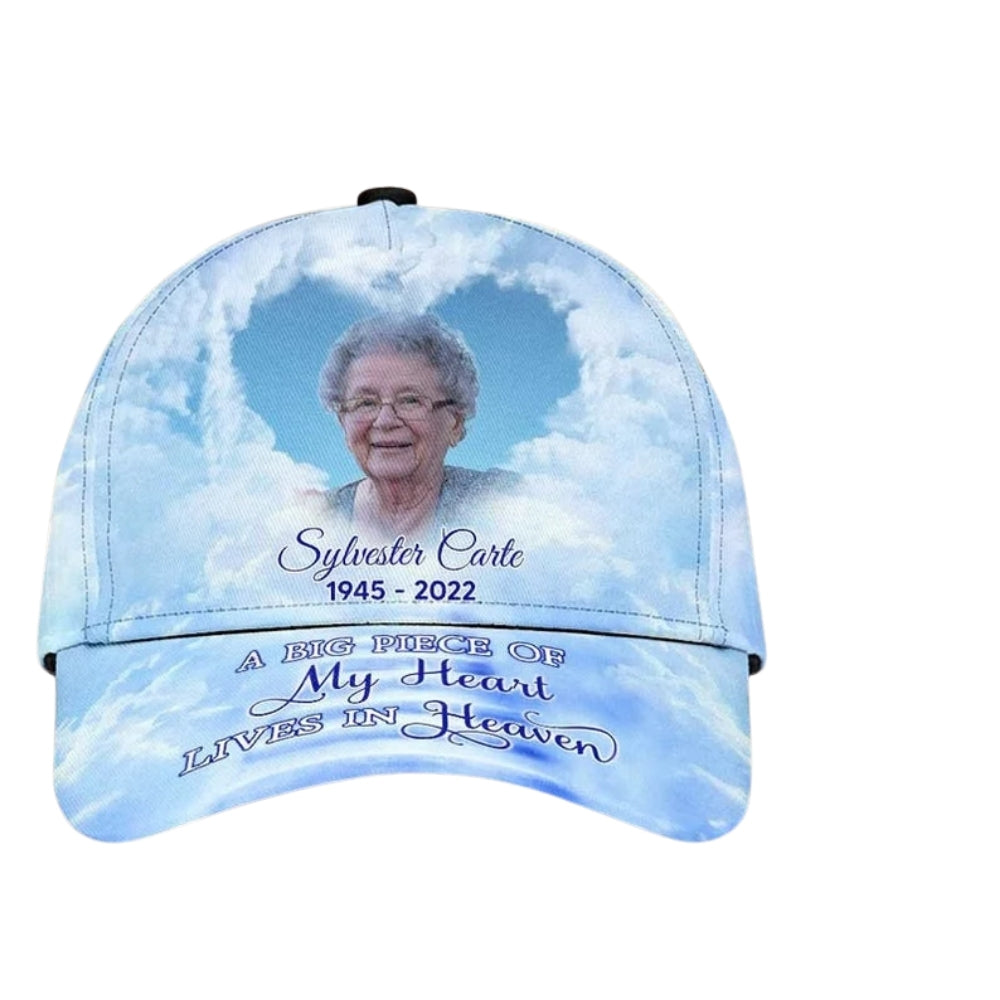 A Big Piece Of My Heart Lives In Heaven Custom Photo Memory Baseball Cap, Custom Memorial Hats Caps CP0161
