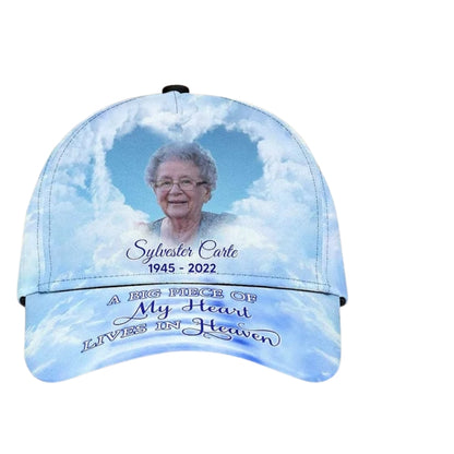 A Big Piece Of My Heart Lives In Heaven Custom Photo Memory Baseball Cap, Custom Memorial Hats Caps CP0161