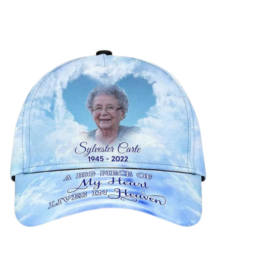 A Big Piece Of My Heart Lives In Heaven Custom Photo Memory Baseball Cap, Custom Memorial Hats Caps CP0161