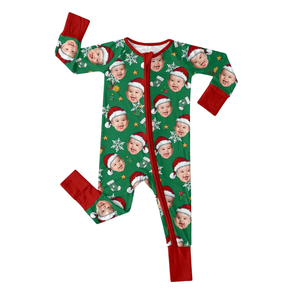 Custom Face Christmas Baby Convertible Zipper Romper, Custom Photo Baby Romper Convertible For Christmas BB0649