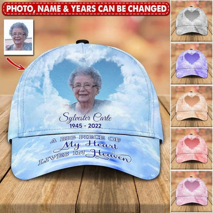 A Big Piece Of My Heart Lives In Heaven Custom Photo Memory Baseball Cap, Custom Memorial Hats Caps CP0161