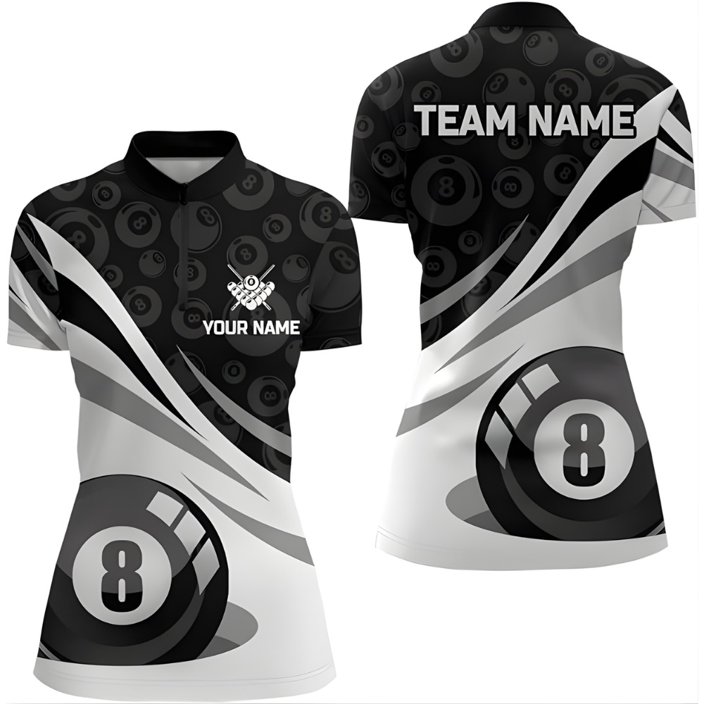 Custom 8 Ball Jersey Shirt For Ladies, Women's Custom Black And White 8 Ball Billiard Team Shirts BIZ0182