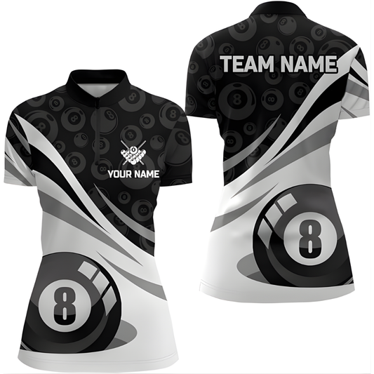 Custom 8 Ball Jersey Shirt For Ladies, Women's Custom Black And White 8 Ball Billiard Team Shirts BIZ0182