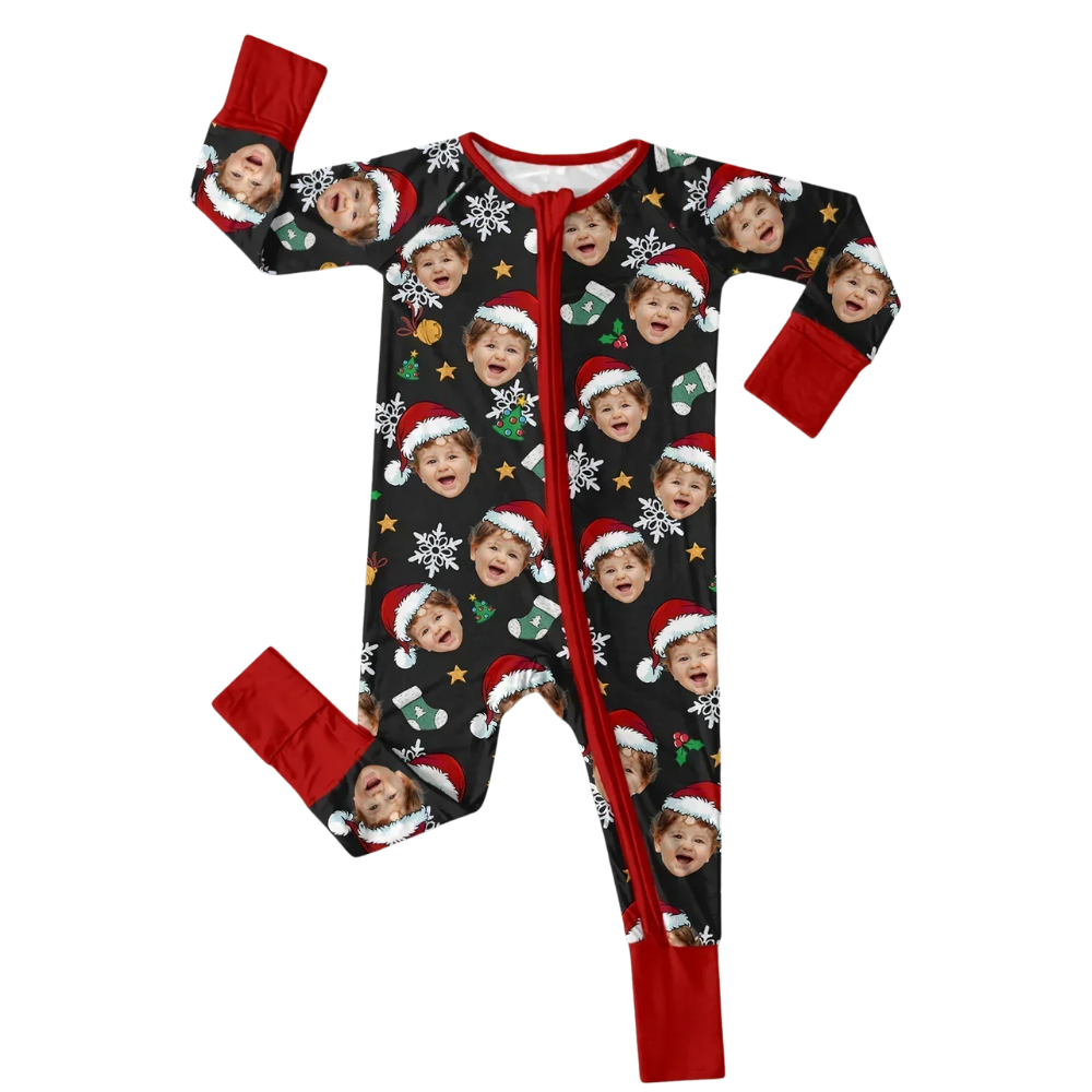 Custom Face Christmas Baby Convertible Zipper Romper, Custom Photo Baby Romper Convertible For Christmas BB0649