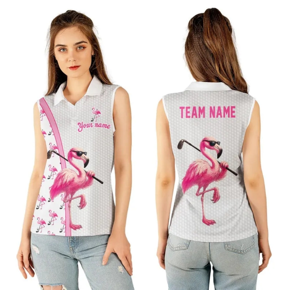 Custom Women's Flamingo Pink Sleeveless Golf Shirt, Custom Flamingo Golf Shirts For Ladies GE0361