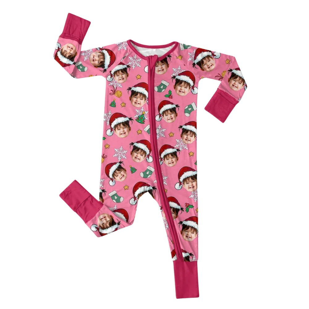Custom Face Christmas Baby Convertible Zipper Romper, Custom Photo Baby Romper Convertible For Christmas BB0649