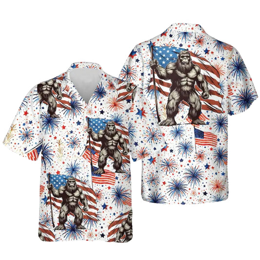 Bigfoot USA Flag Firework Men's Hawaiian Shirt, Sasquatch 4th Of July Hawaiian Shirts HE0127