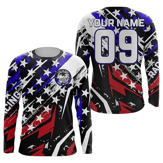 Live To Ride Custom American Flag Racing Dirt Bike Long Sleeve Shirt, Custom Patriot Dirt Bike Jerseys MZ0064
