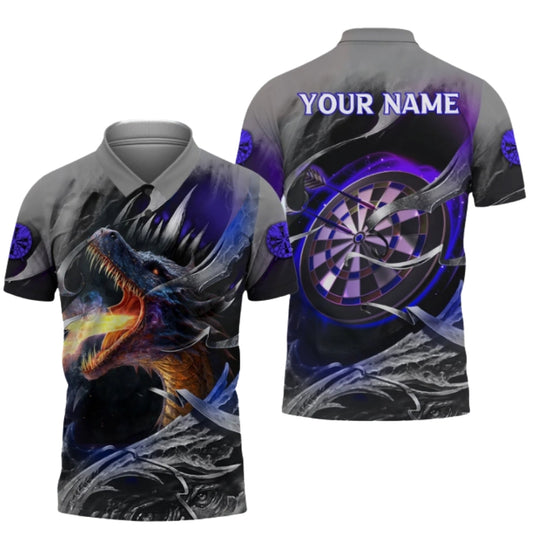 Custom Dragon Purple And Grey Darts Polo Shirt Mens, Custom Dragon Dart Shirts DZ0062