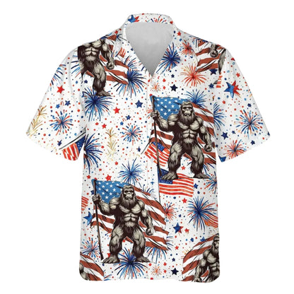 Bigfoot USA Flag Firework Men's Hawaiian Shirt, Sasquatch 4th Of July Hawaiian Shirts HE0127