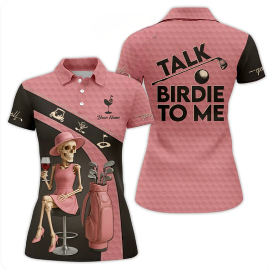 Talk Birdie To Me Custom Skeleton Golf Polo Shirt Womens, Custom Women's Funny Skull Golf Shirts GZ0226