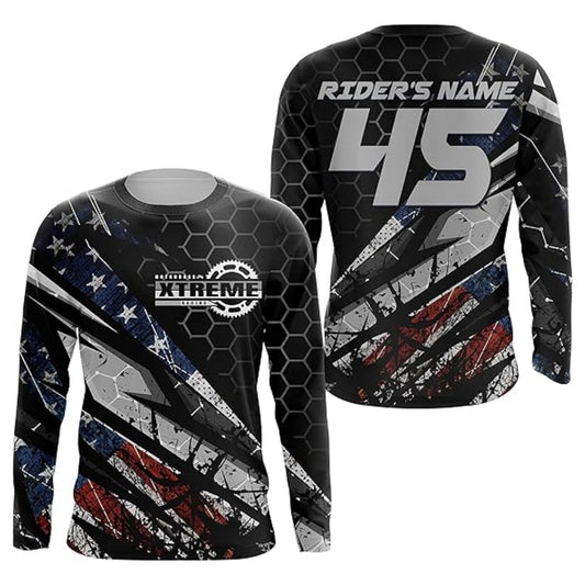 Custom American Flag Grunge Long Sleeve Dirt Bike Jersey For Men, Custom Patriotic Dirt Bike Shirts MZ0065