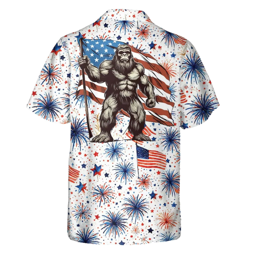 Bigfoot USA Flag Firework Men's Hawaiian Shirt, Sasquatch 4th Of July Hawaiian Shirts HE0127