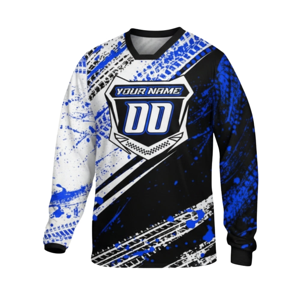 Custom Black Blue Long Sleeve Motocross Jersey Mens, Custom Dirt Bike Racing Shirts ME0008