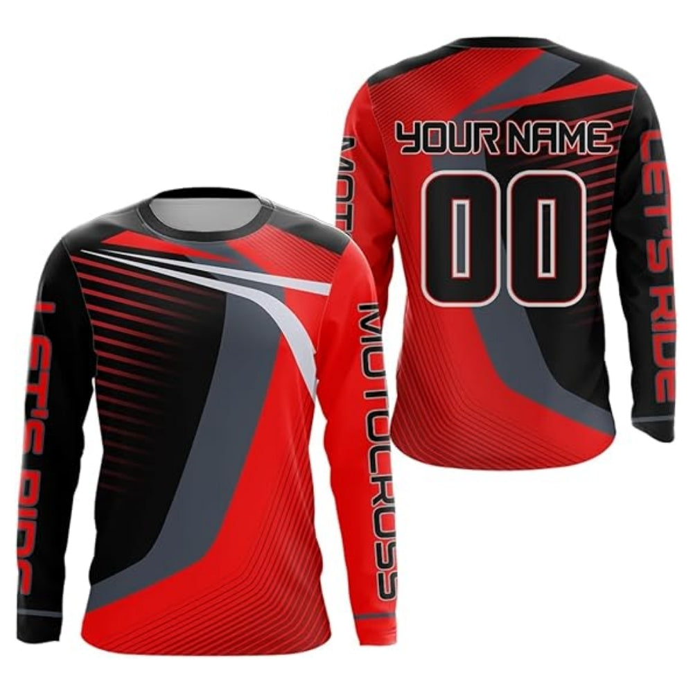 Custom Let's Ride Black Red Motocross Long Sleeve Shirts For Men, Custom Motocross Shirts MZ0049