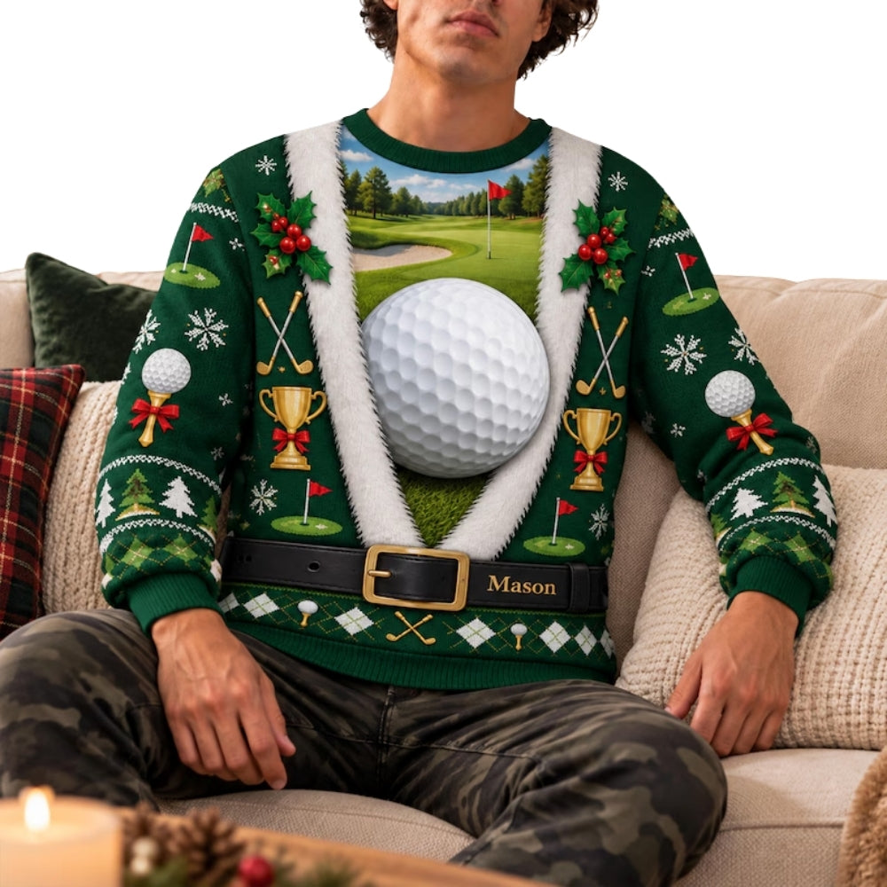 Custom Name Green Golf Ugly Christmas Sweatshirt For Men, Personalized Golf Lover Xmas Sweatshirt 2D1061