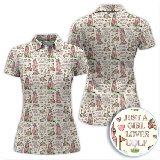Just A Girl Loves Golf Pink Golf Bag Women's Polo Shirt, Beige And Pink Golf Shirts For Ladies GZ0227