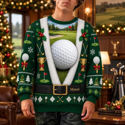 Custom Name Green Golf Ugly Christmas Sweatshirt For Men, Personalized Golf Lover Xmas Sweatshirt 2D1061