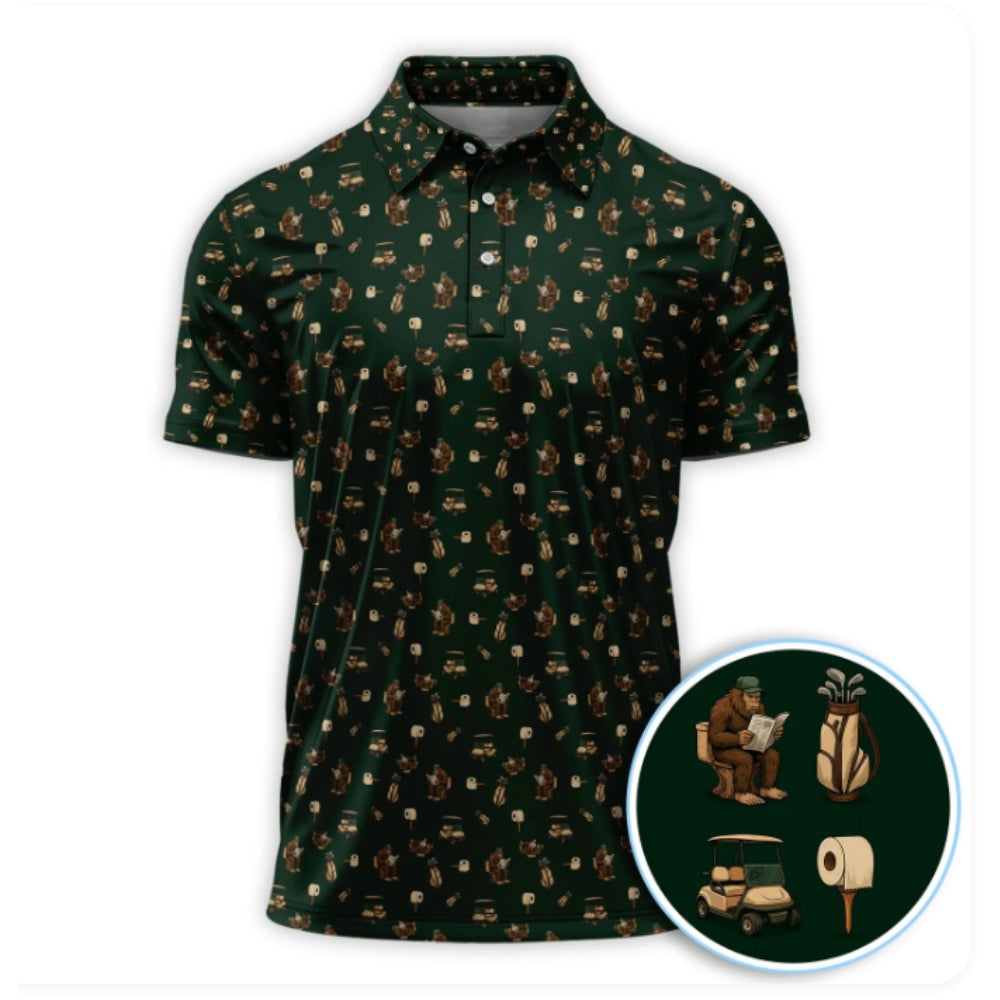 Bigfoot Men's Green Golf Polo Shirt, Sasquatch Bigfoot Golf Shirts GZ0228