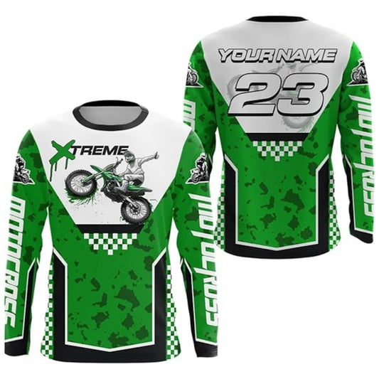Custom Men's Green And White Racing Motocross Long Sleeve Jersey Shirts, Custom Motocross Shirts MZ0050