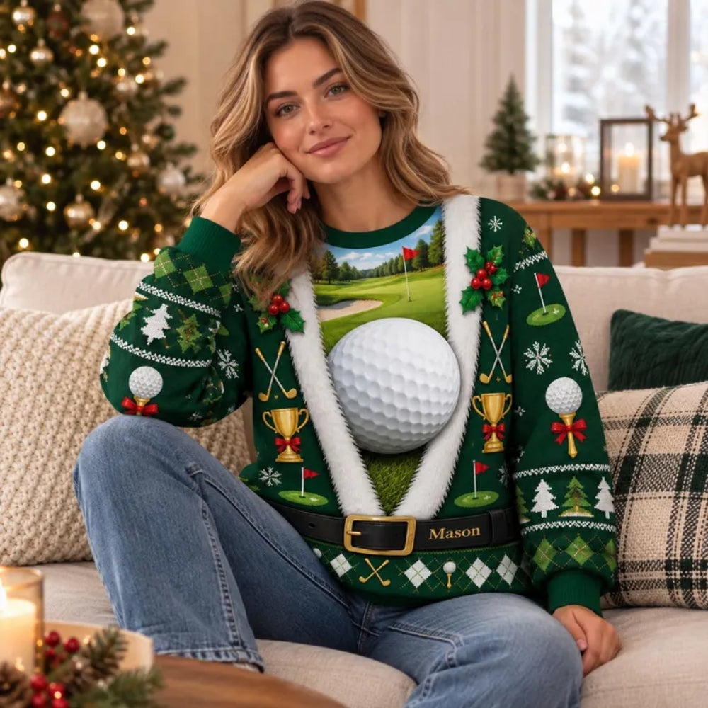 Custom Name Green Golf Ugly Christmas Sweatshirt For Men, Personalized Golf Lover Xmas Sweatshirt 2D1061