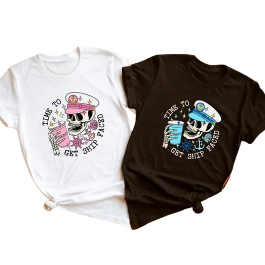 Time To Get Ship Faced Skull Matching Pink Blue Couple T Shirt, Matching Funny Couple Cruise Shirts ET0759