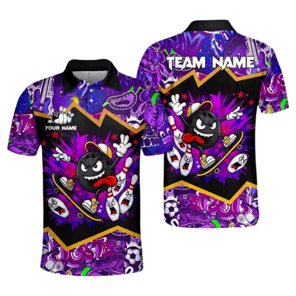 Custom Funny Ball Pin Bowling Mens Polo Shirts Black And Blue, Custom Funny Bowling Team Shirts BZ1107