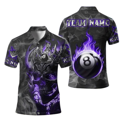 Custom Skull Blue Fire 8 Ball Polo Billiard Shirts For Men, Custom Skull Billiard Shirt For Team BIE0071