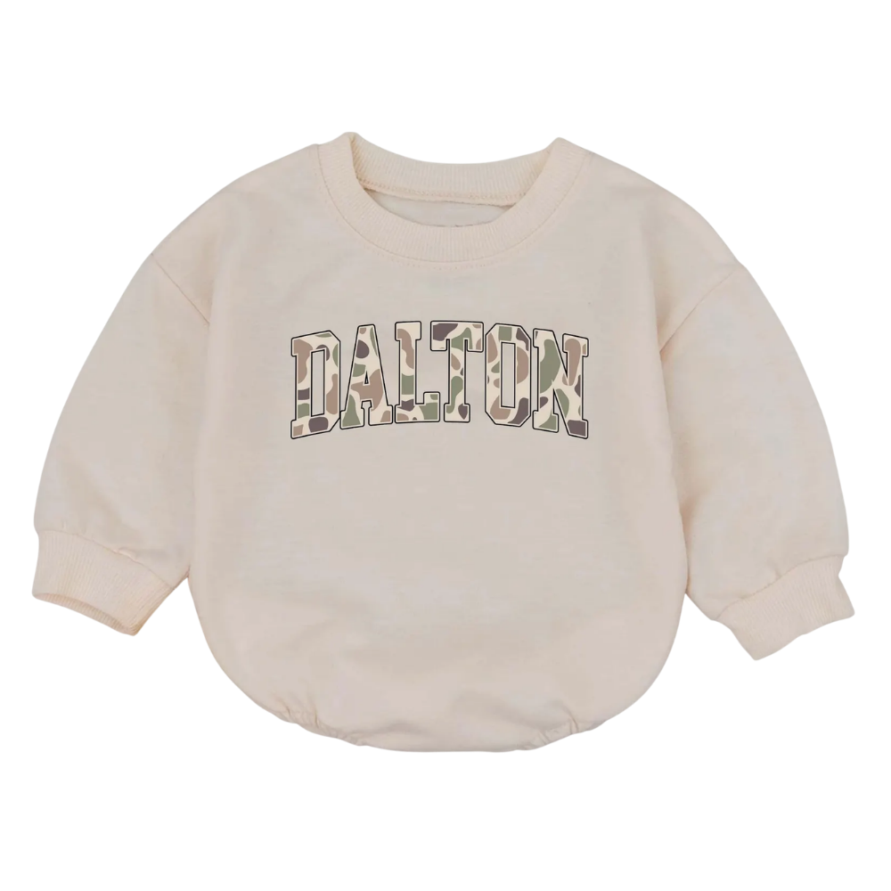 Custom Name Camo Baby Romper Sweatshirt, Personalized Camouflage Baby Onesie Sweatshirt BB0031