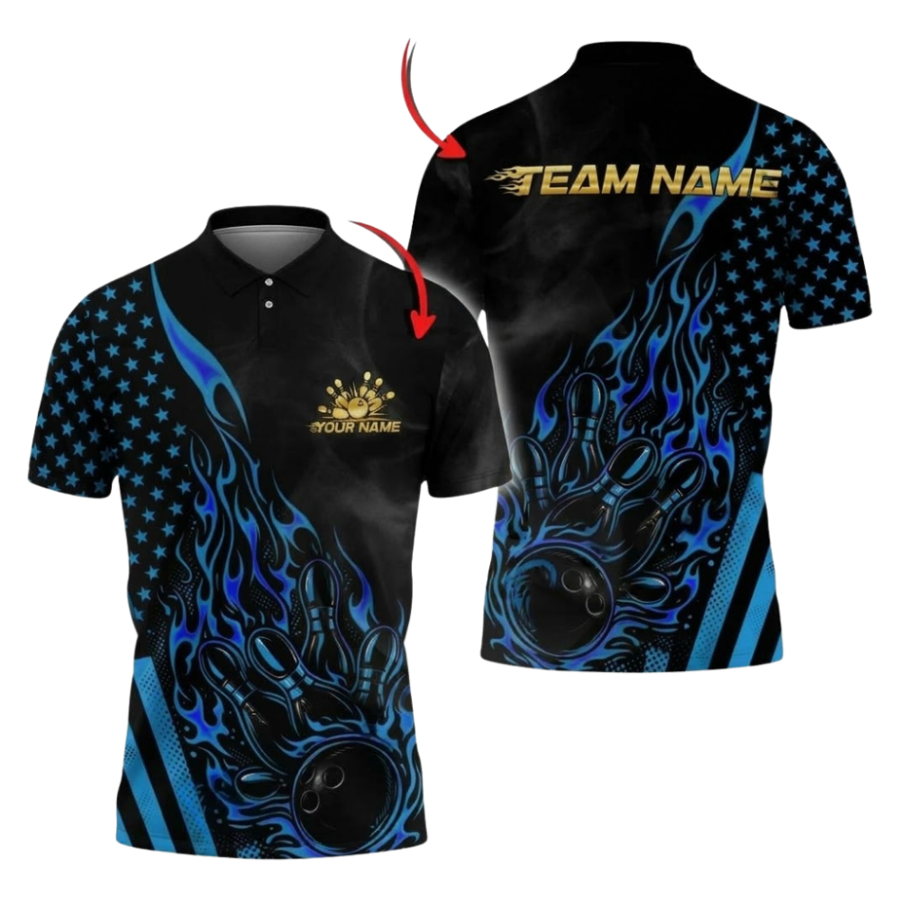 Custom Flame Bowling Polo Shirt For Men, Custom Flame Team Bowling Shirt BZ1079