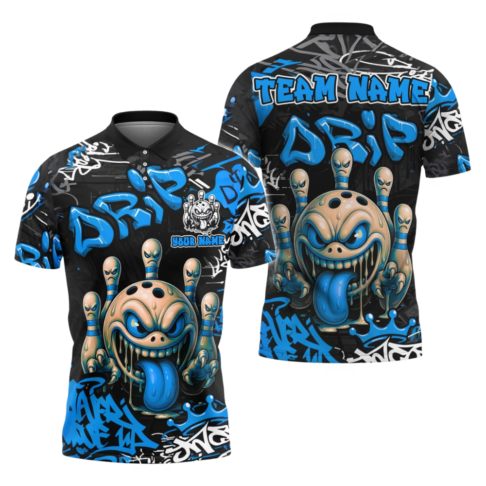 Custom Graffiti Angry Mad Bowl Men's Black Cyan Bowling Polo Shirts, Custom Graffiti Team Bowling Shirts BZ1055