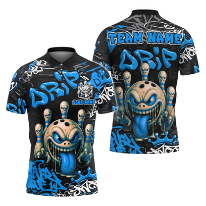 Custom Graffiti Angry Mad Bowl Men's Black Cyan Bowling Polo Shirts, Custom Graffiti Team Bowling Shirts BZ1055