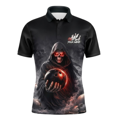 Custom Grim Reaper Bowling Polo Shirts Mens Black, Custom Skull Bowling Team Shirts BZ1097