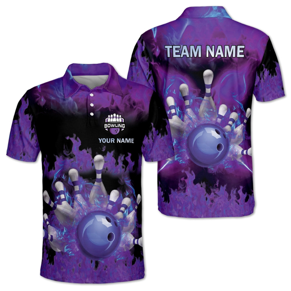Custom Blue Flame Bowling Polo Shirts For Men, Custom Flame Bowling Team Shirts BM0346