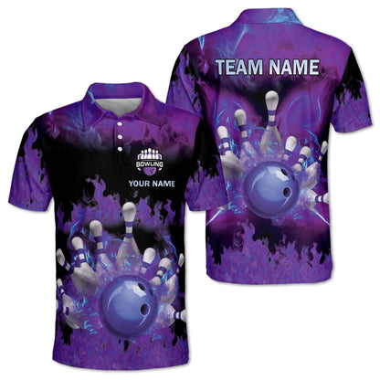 Custom Blue Flame Bowling Polo Shirts For Men, Custom Flame Bowling Team Shirts BM0346