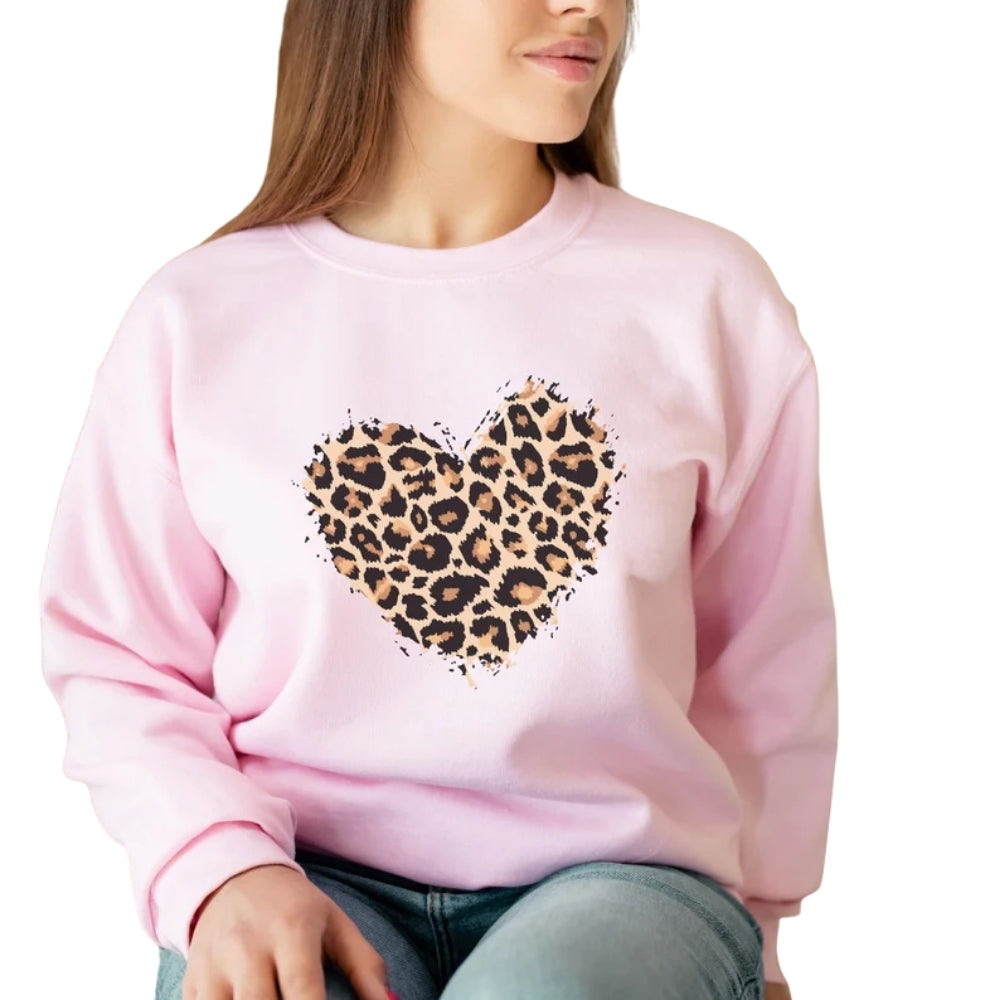 Womens Leopard Heart Sweatshirt, Animal Print Heart Sweatshirt For Valentine Day 2D0774