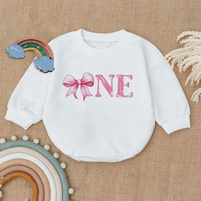 Pink Coquette Bow One Birthday Baby Romper Sweatshirt, First Birthday Romper Sweatshirt BB0112