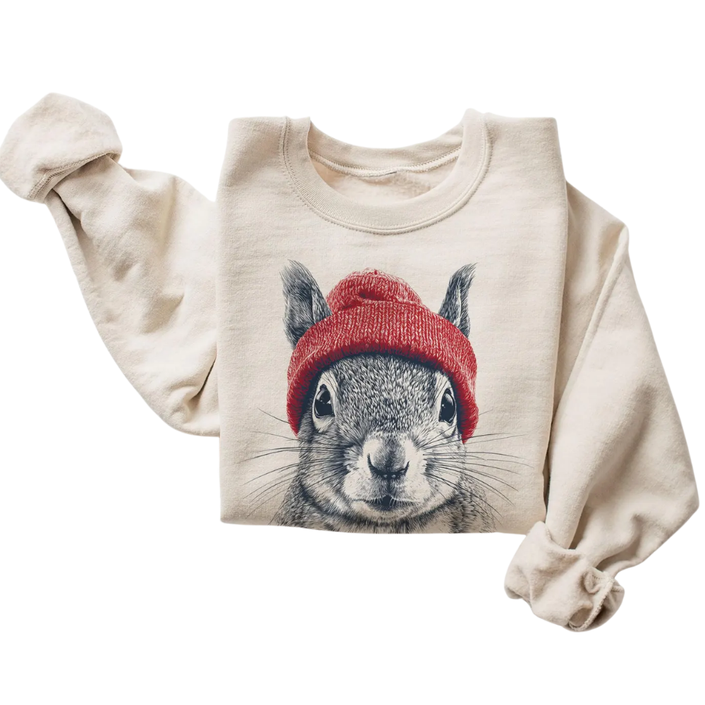 Squirrel Wearing Beanie Sweatshirt, Retro Squirrel Sweater 2D1034
