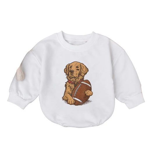 Golden Retriever With Football Baby Romper Sweater, Golden Retriever Baby Romper Sweatshirt BB0209