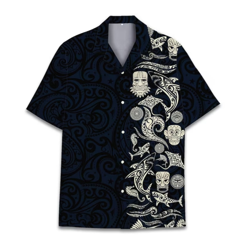Tribal Tiki Shark Hawaiian Shirt For Men, Navy Tiki Hawaiian Shirts HE0162