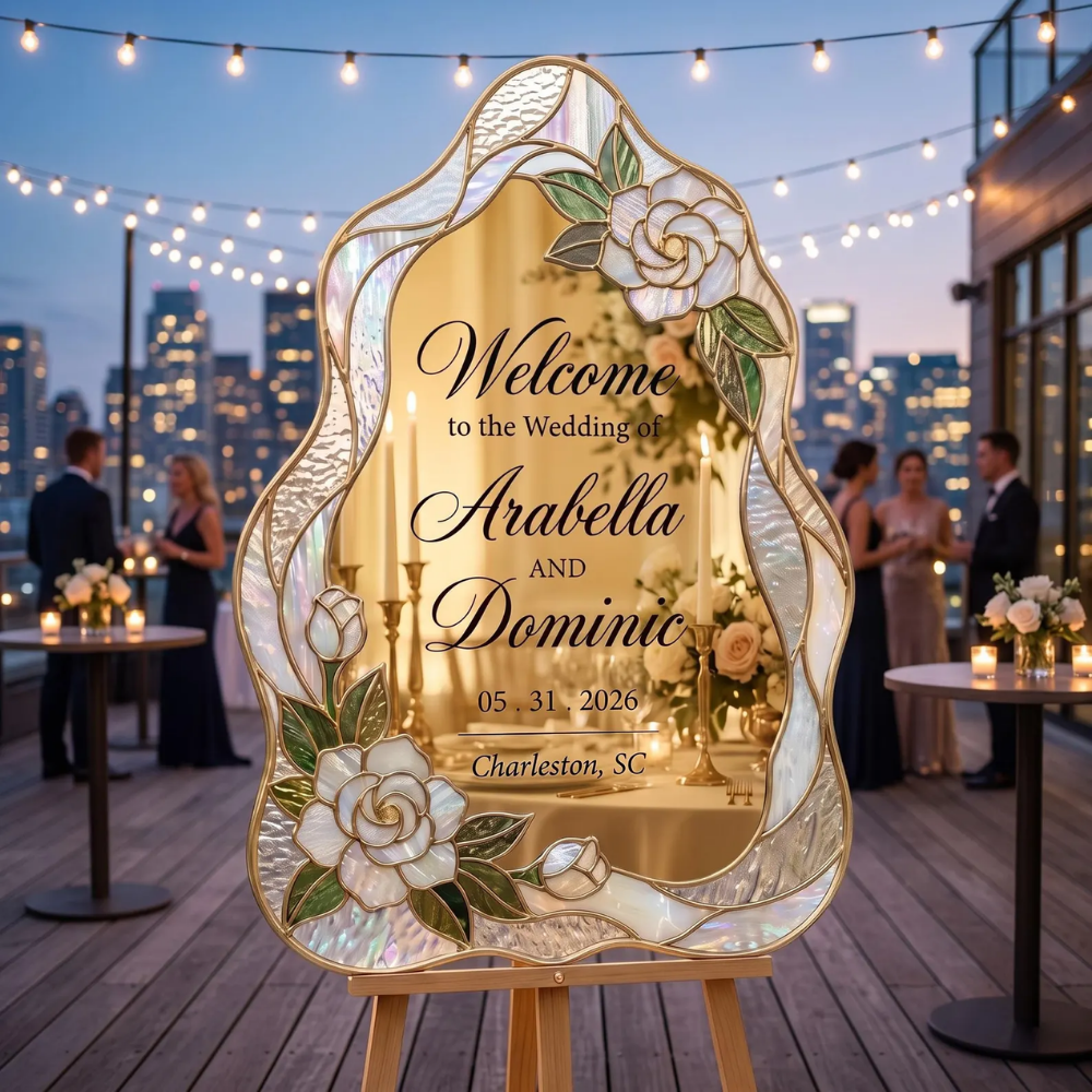 Personalized Camellia Stained Glass Wedding Welcome Acrylic Mirror Sign, Custom Floral Wedding Stained Glass Sign WD0732