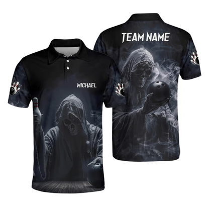 Custom Grim Reaper Bowling Black Polo Shirts For Men, Custom Skull Team Bowling Shirts BZ1091