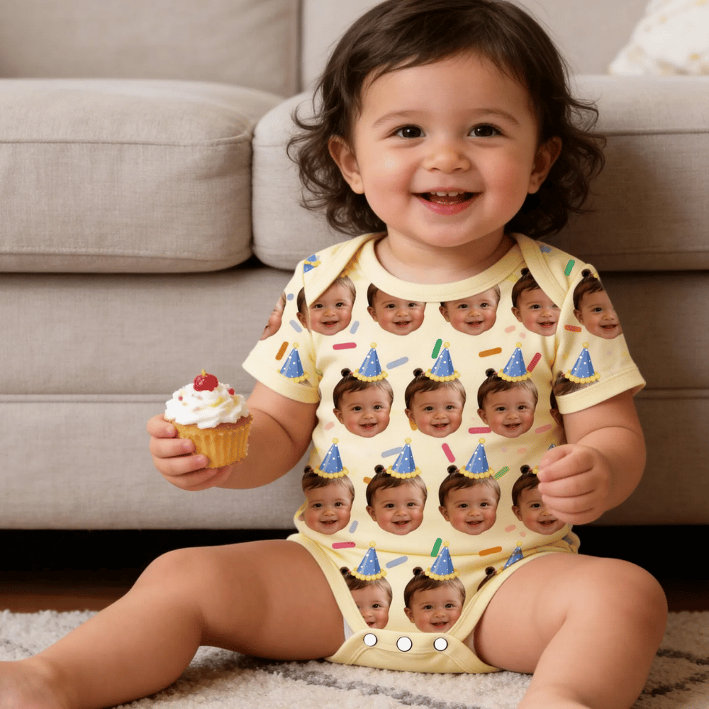 Custom Face Birthday 3D Baby Bodysuit Yellow, Custom Photo Baby Bodysuit For Birthday BB0959