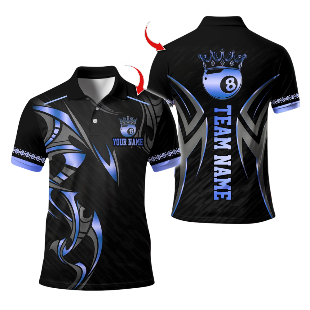 Custom King 8 Ball Black And Gold Billiard Polo Shirt Mens, Custom 8 Ball Pool Team Shirts BIE0065