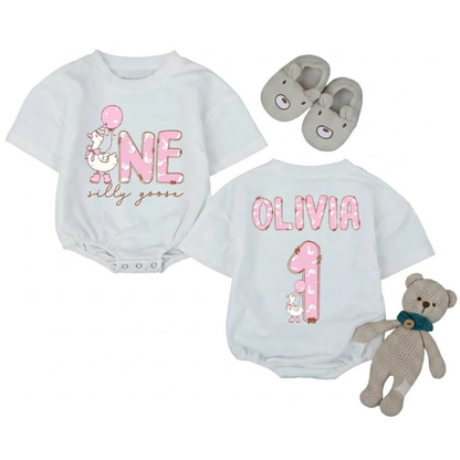 Customized One Silly Goose Baby 1st Birthday T Shirt Romper, Custom Goose First Birthday Baby Romper BB0250