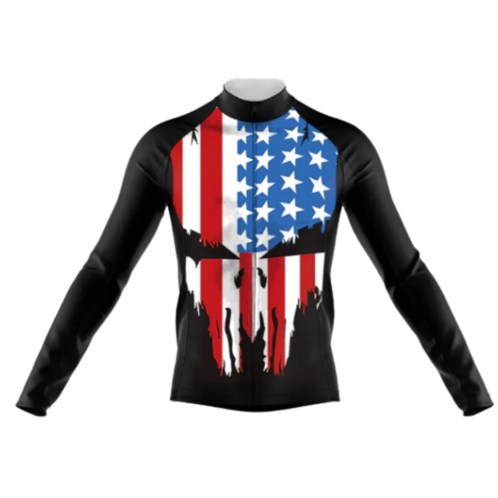 American Flag Skull Cycling Long Sleeve Men Jersey, Patriotic Skull Cycling Jerseys CG0727