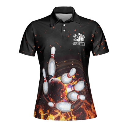 Women's Custom Flame Bowling Polo Shirt, Custom Flame Bowling Team Shirt For Ladies BZ0744